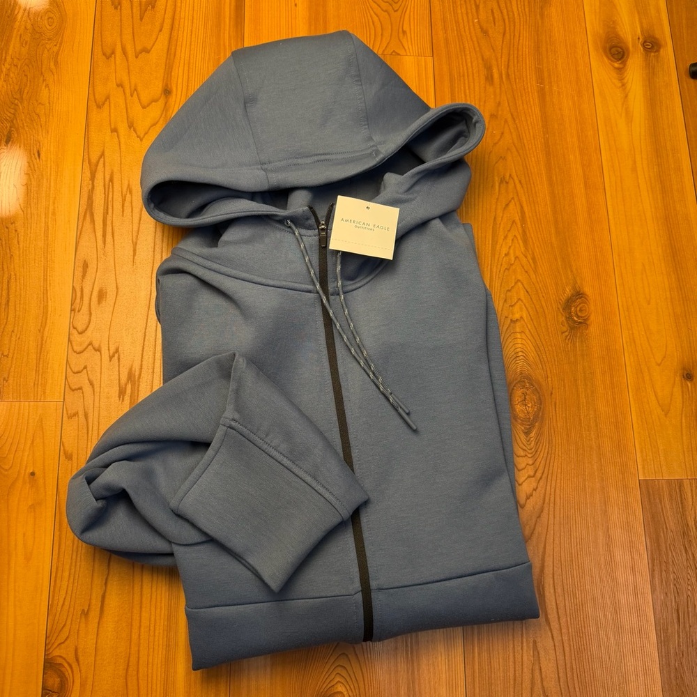 American Eagle Men’s 24/7 Full Zip Hooded Jacket Tidal Blue Gray XXL NWT Pockets